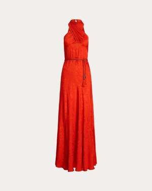 Lauren Ralph Lauren Floral Jacquard Halter Gown Bright Vermilion size 14 NO BELT